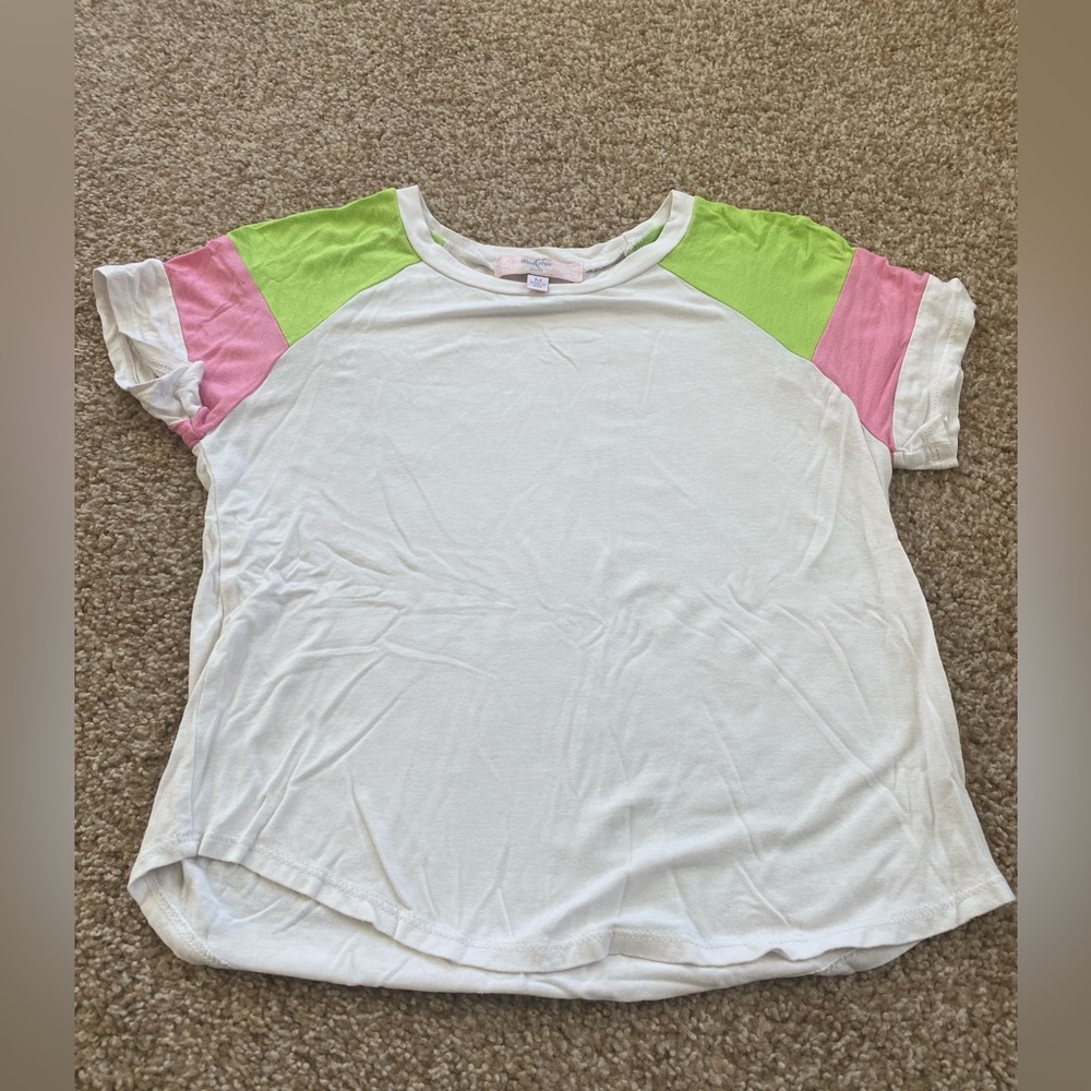 Girls white short sleeve tee with color block sleeves Size medium